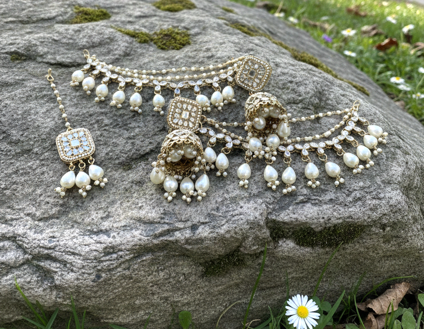 Aishwarya kundan earrings with earchains and maang teeka