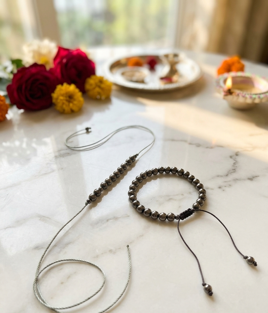 TNT Pyrite Beaded Bhai and Bhabhi Rakhi abd Bracelet Set with Adjustable Cord, Set of 2, Couple rakhi with original pyrite crystal beads