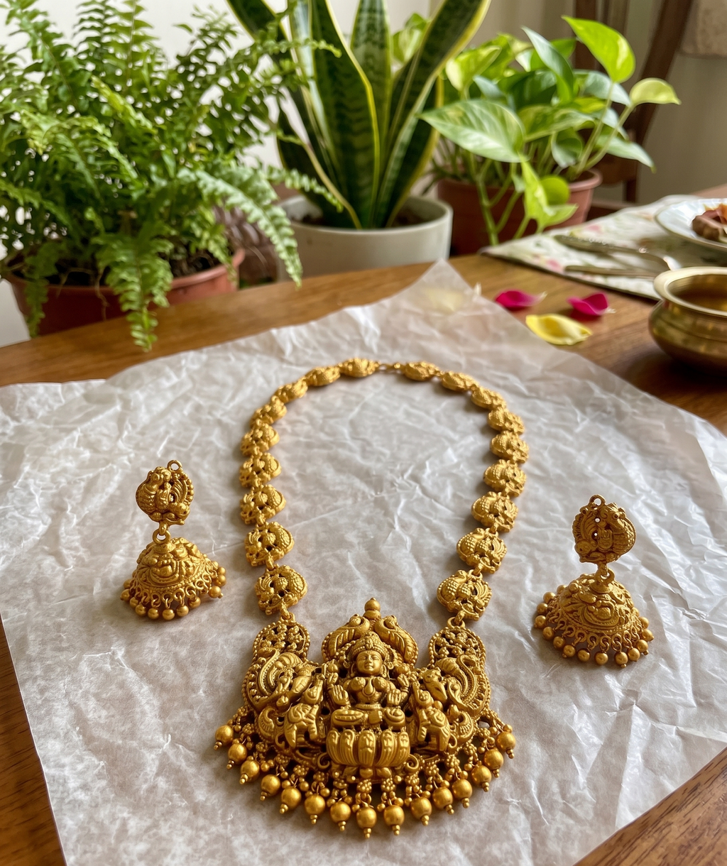 Siddheshwari long temple necklace set | Antique Golden Temple Jewellery Lakshmi Long Haram Necklace Set with Jhumka Earrings, Traditional Bridal