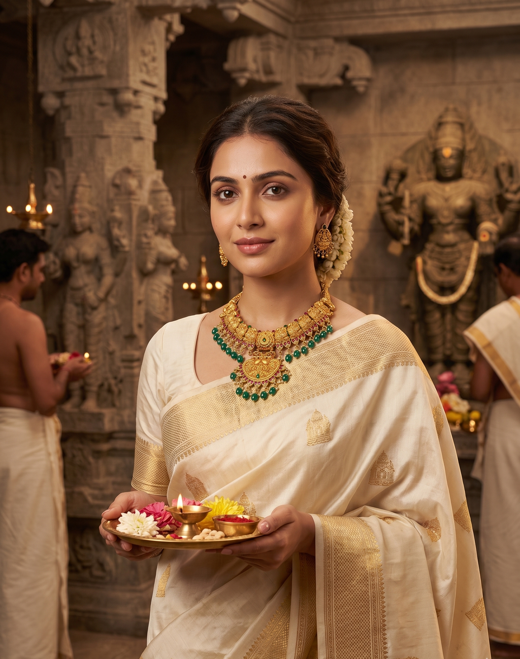 Mrinalini temple necklace set | Temple Jewellery Necklace Set, Gold-Toned with Red, Green Beads and Pearls, Traditional Indian Style