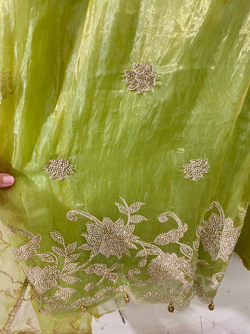 Green Organza Embroidered Suit Set | Unstitched Fabric