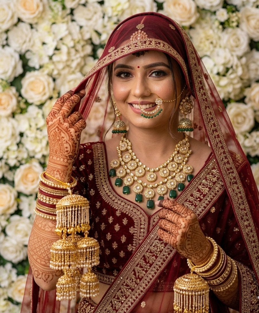 Kalratri bridal necklace set | Kundan Bridal Necklace Set with Jhumka Earrings, Maang Tikka, Sheesh Patti and Nath