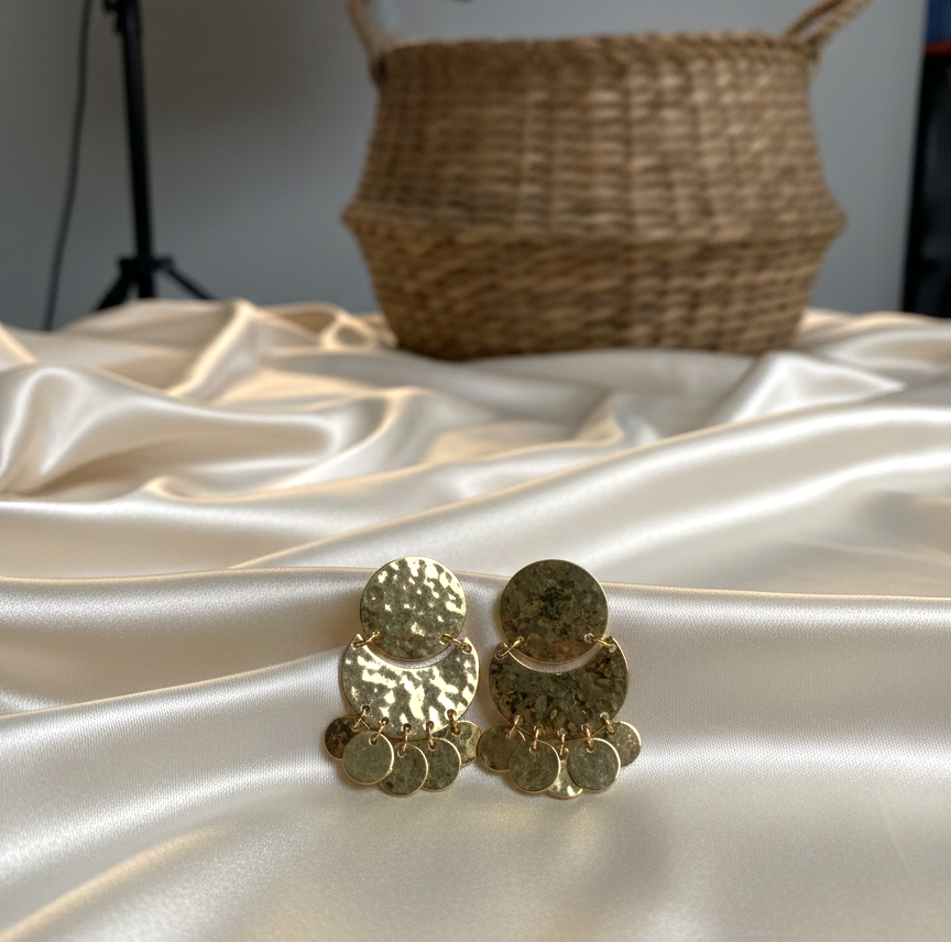 Sana Golden Hammered Geometric Earrings, Statement Jewelry