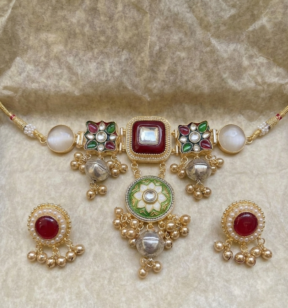 Kashmiri brass choker set - Maroon color