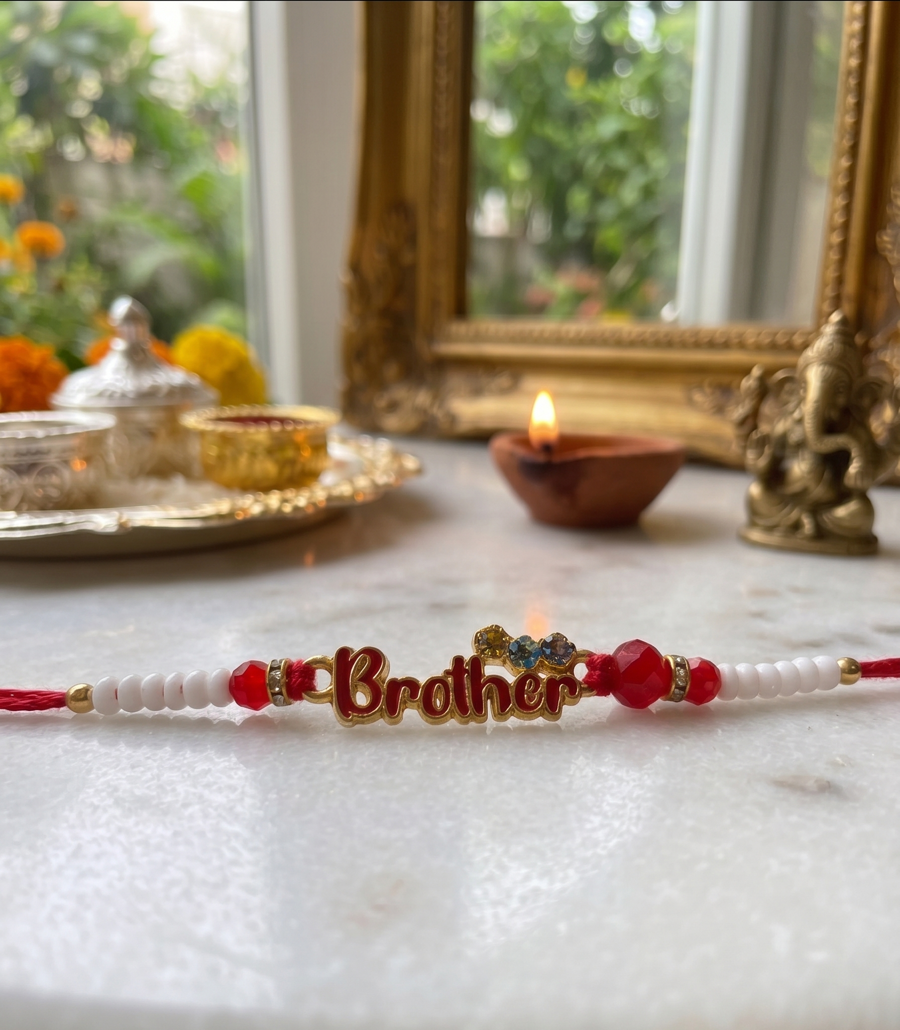 TNT -Design Handmade Red & White Beaded "Brother" Rakhi