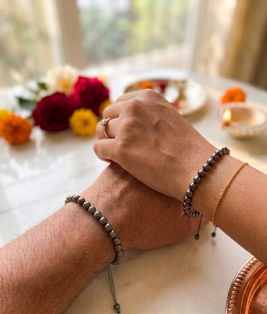 TNT Pyrite Beaded Bhai and Bhabhi Rakhi abd Bracelet Set with Adjustable Cord, Set of 2, Couple rakhi with original pyrite crystal beads