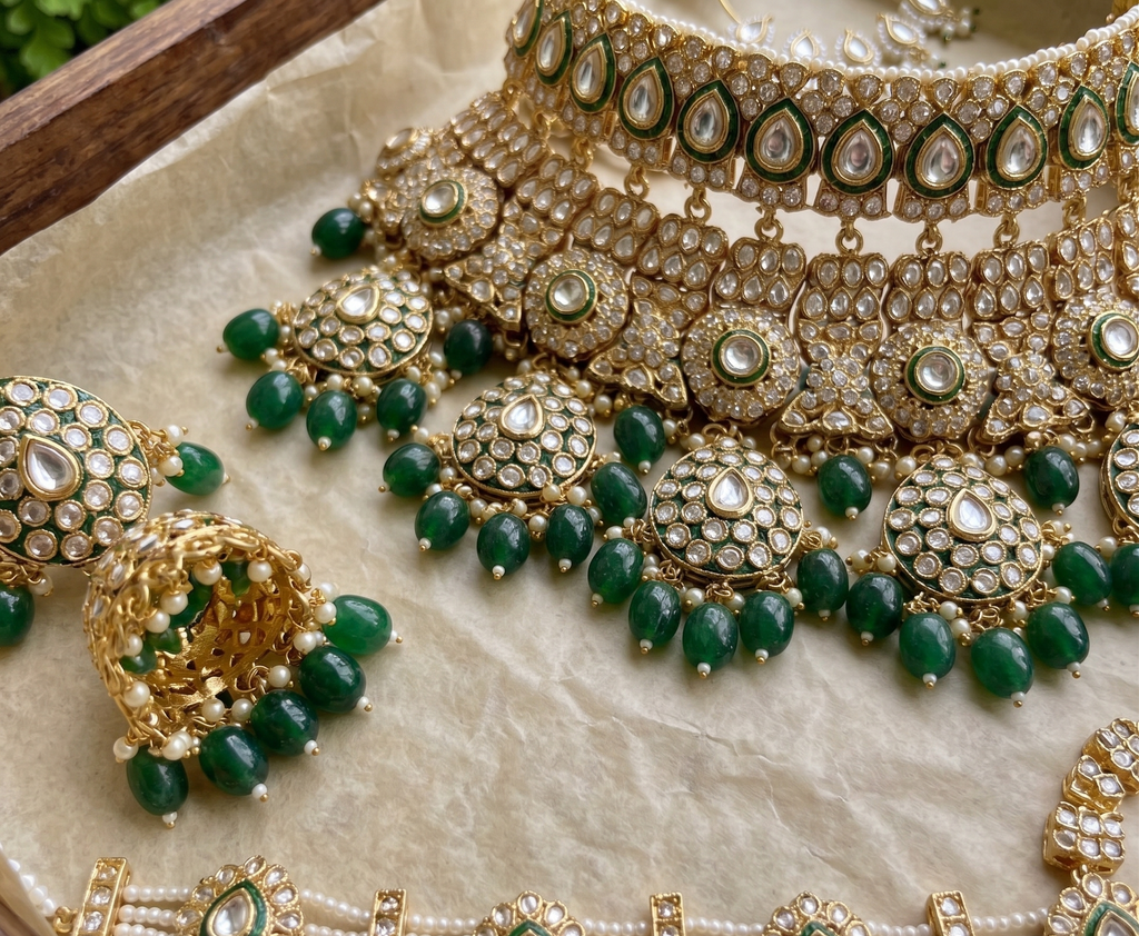 Katyayani bridal necklace set | Kundan Bridal Necklace Set with Jhumka Earrings, Nath and Sheeshpatti, Gold-Toned, Green Beads, Traditional Indian Style