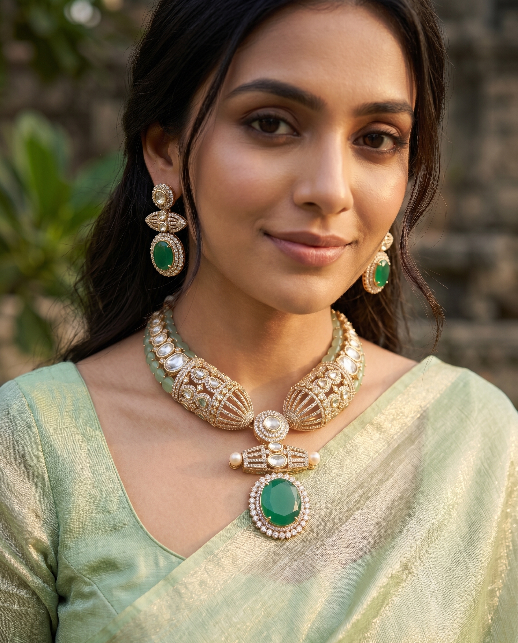 Karisma Kundan Necklace Set with Earrings, Green Stone, Gold-Toned, Bridal Indian Jewellery