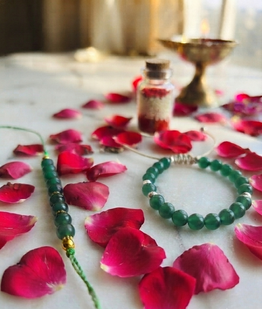 TNT designs Handmade Green Aventurine Rakhi and Bracelet Combo for Bhai and Bhabhi - Rakshabandhan Rakhi Set with Adjustable Thread for Brother & Sister-in-Law