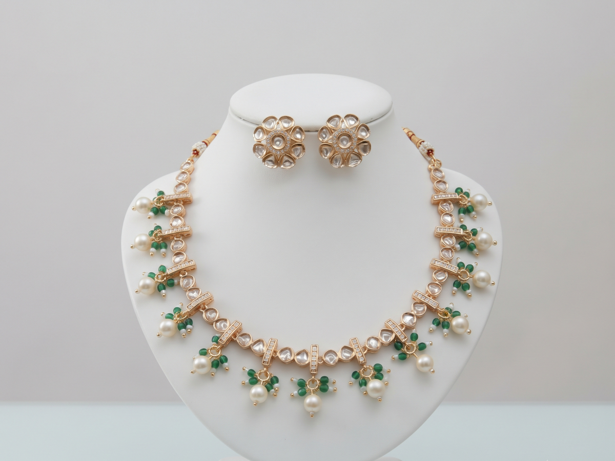 Elegant Green Beaded Kundan Necklace Set with Pearl Drops