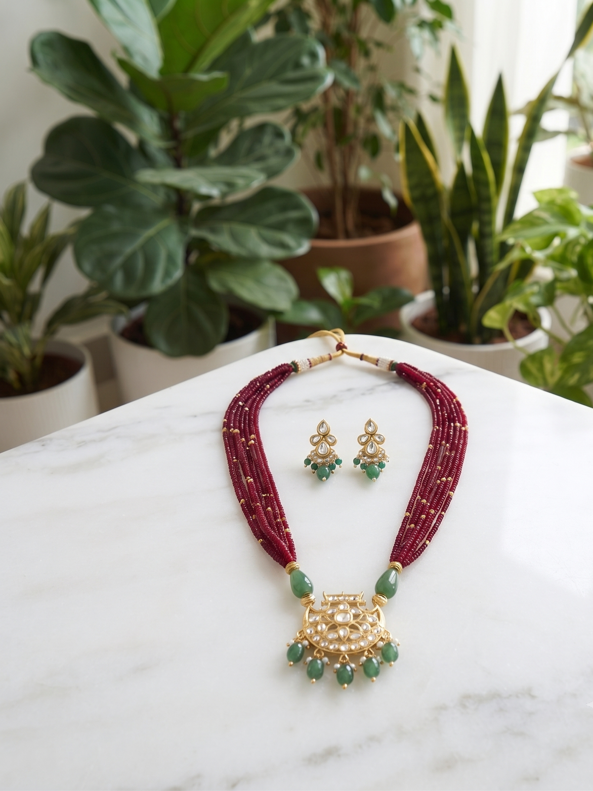 Dhaani Elegant Ruby & Green Beaded Necklace Set | Long kundan necklace