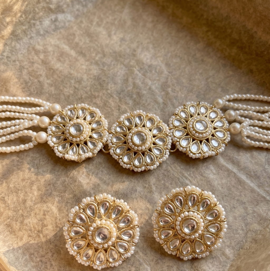 Abhilasha Kundan Choker Necklace and Strand Necklace with Earrings, Gold-Toned with Pearl Drops, Bridal Jewellery | Set of 2 necklace sets