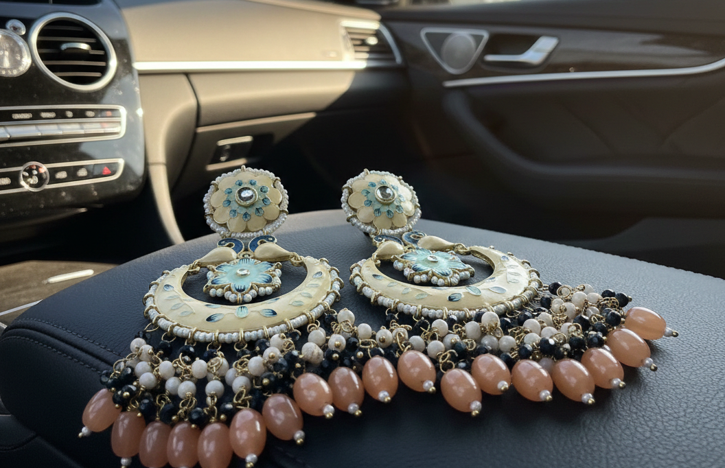 Nina chandbali earrings- Peach and blue