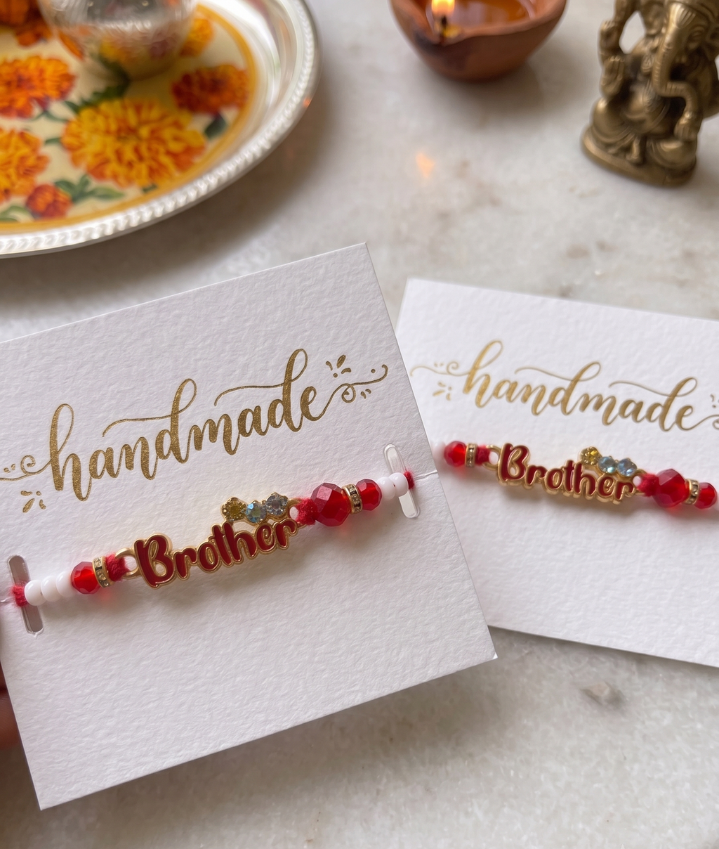 TNT -Design Handmade Red & White Beaded "Brother" Rakhi