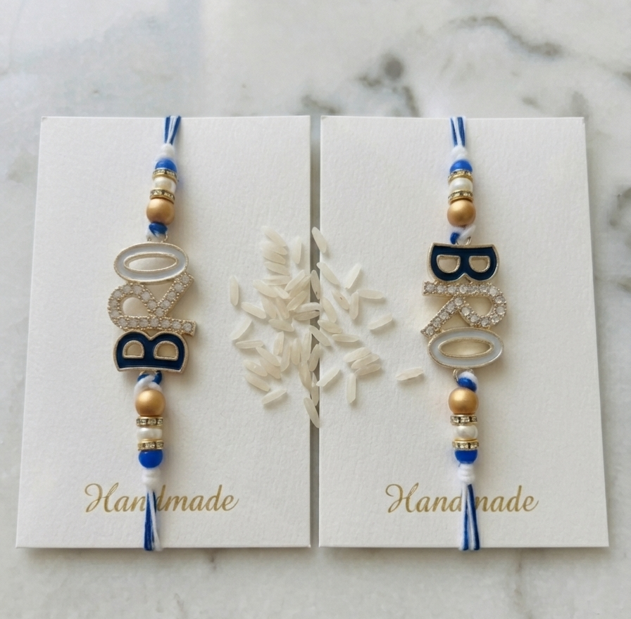 TNT Designs Stylish BRO Letter Rakhi for Brother | Navy Blue Gold Twisted Thread Rakhi with Bead Accents | BRO Design for Brother with Diamond Studded Letters