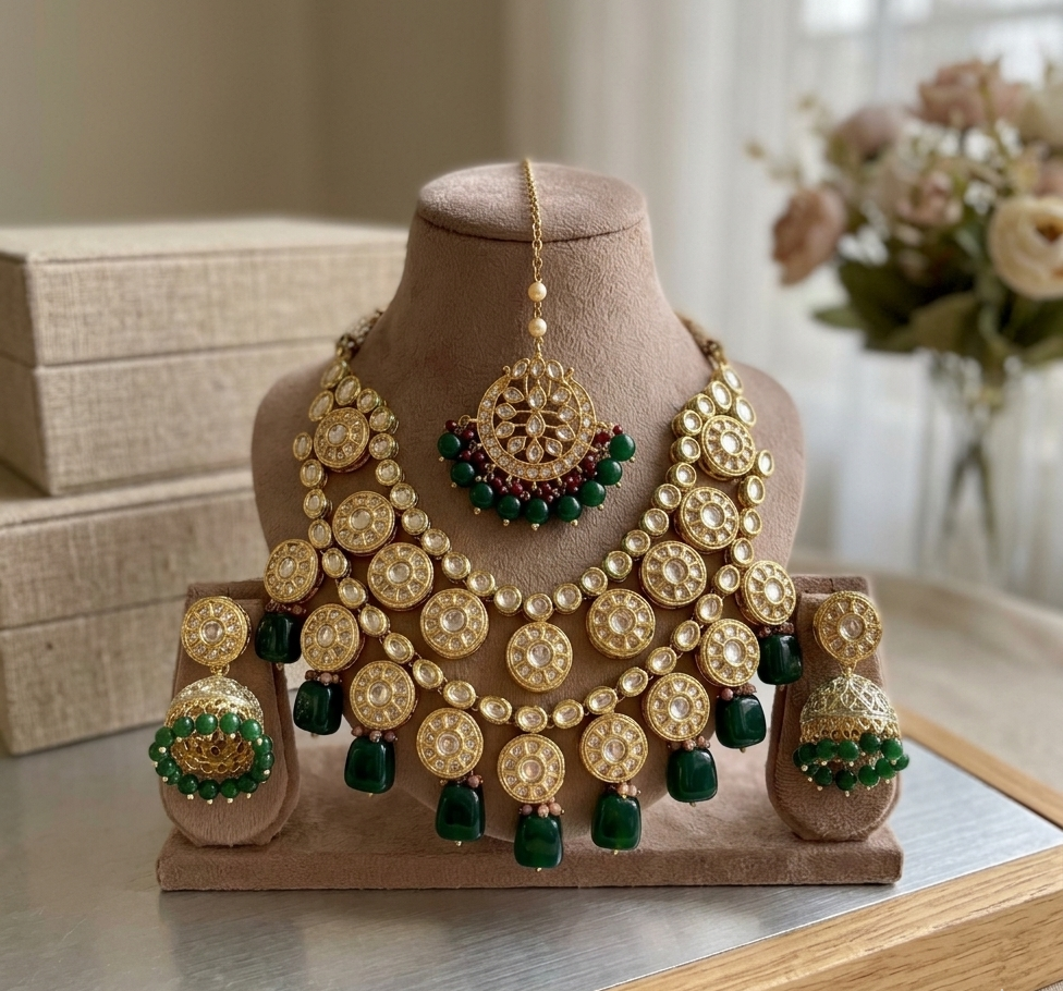 Kalratri bridal necklace set | Kundan Bridal Necklace Set with Jhumka Earrings, Maang Tikka, Sheesh Patti and Nath