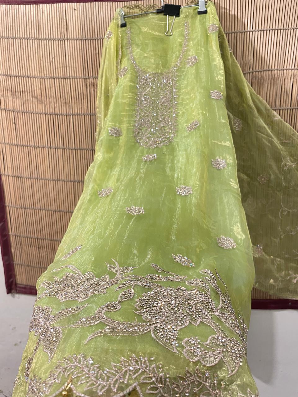 Green Organza Embroidered Suit Set | Unstitched Fabric