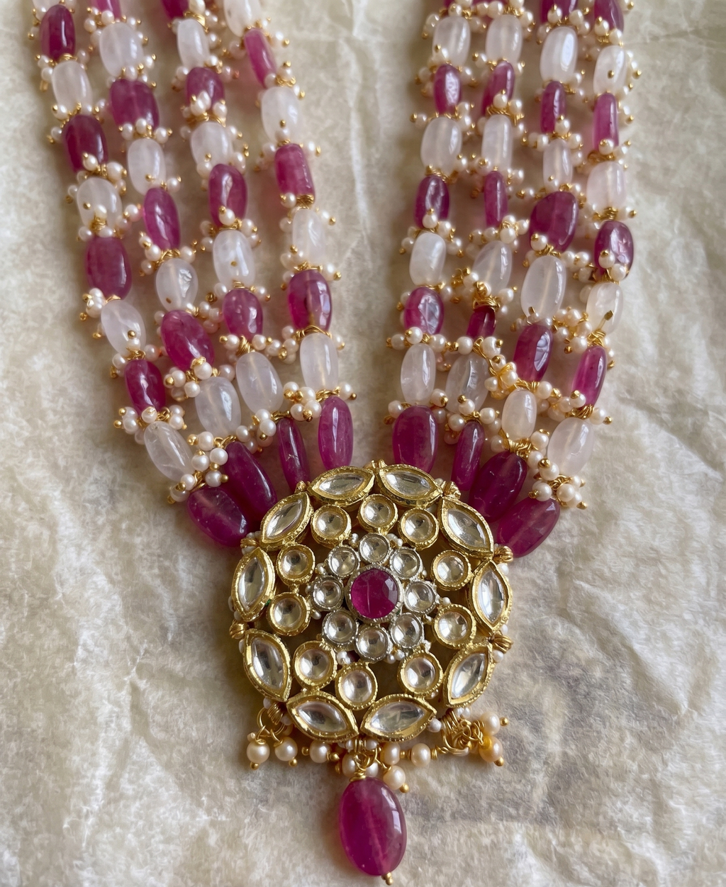 Kundan Pendant Necklace with Ruby and Pearl Beads, Multi-Strand, Gold-Toned, Traditional Indian Style