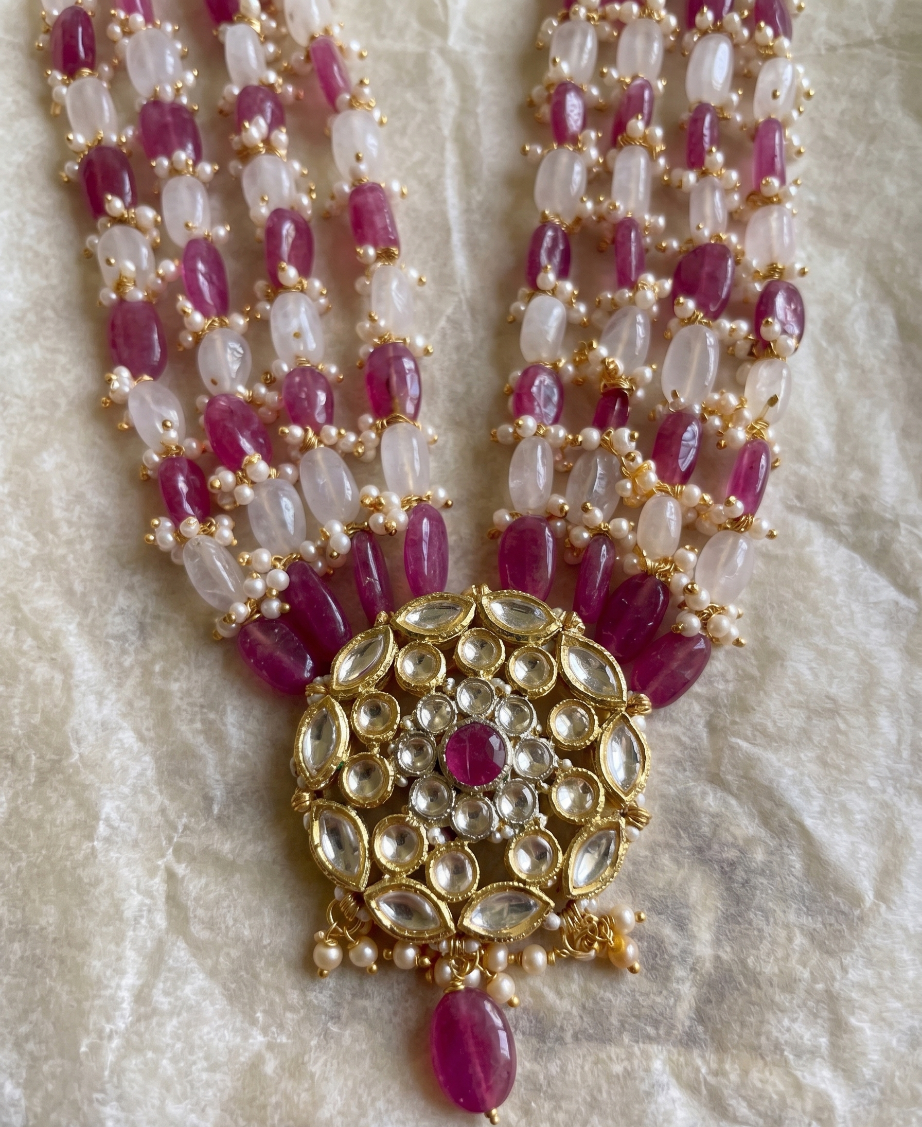 Kundan Pendant Necklace with Ruby and Pearl Beads, Multi-Strand, Gold-Toned, Traditional Indian Style