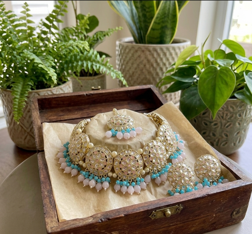 Maheshwari choker set | Gold-Toned Choker Necklace Set with Earrings and Maang Tikka, Pink and Blue Beads, Kundan Style