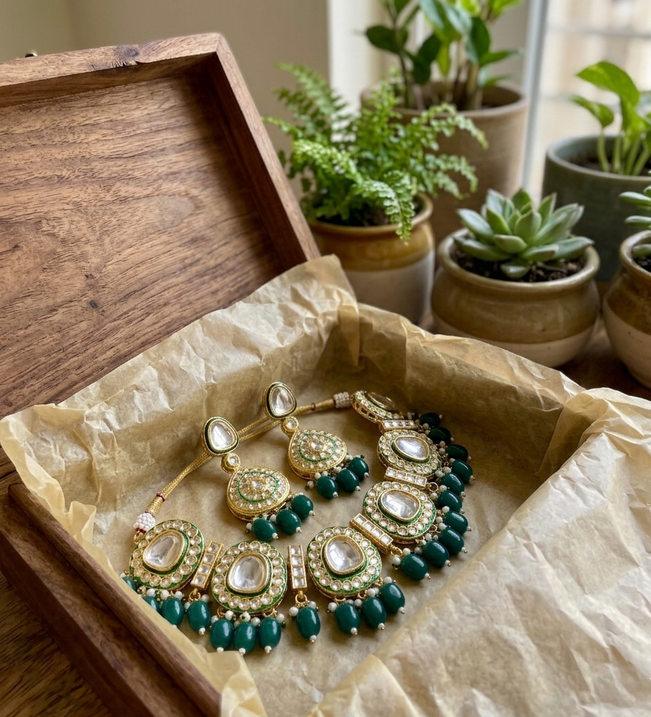 Kushmanda choker necklace set | Kundan Necklace and Earring Set, Gold-Toned with Green Beads, Pearl Embellished, Traditional Bridal Jewellery