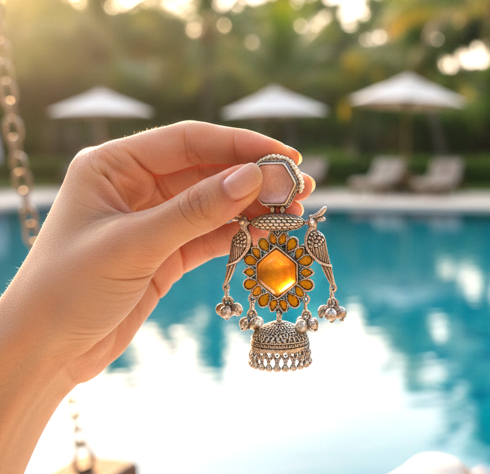 Shahaana big peacock oxidised jhumkis