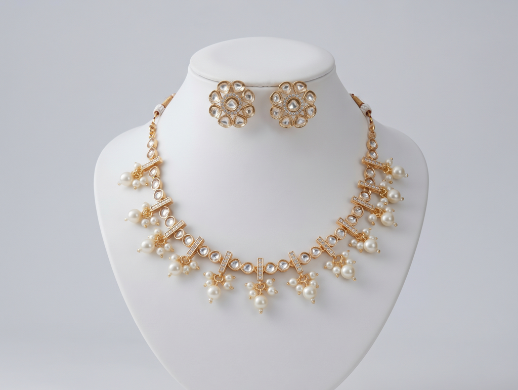 Elegant Gold-Tone Kundan Necklace Set with Pearl Drops