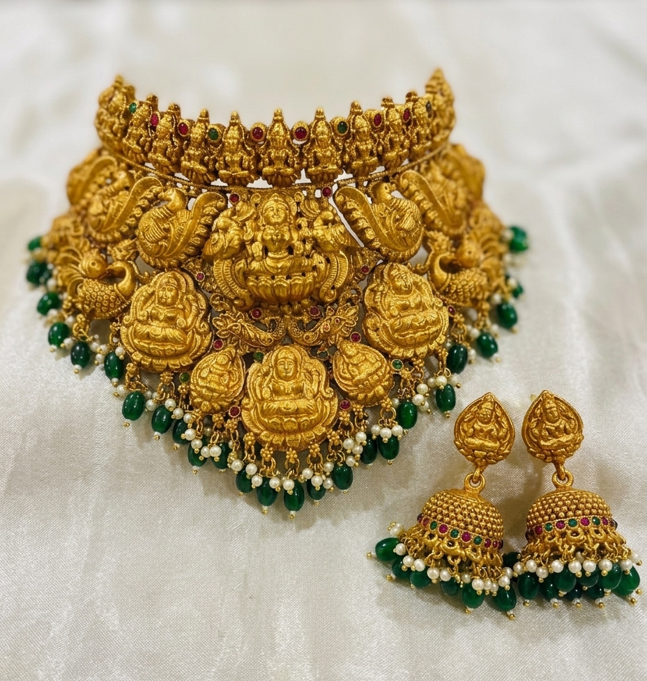Aishwarya bridal set- Temple jewellery Lakshmi Choker Necklace Set with Jhumka Earrings, Gold Tone, Green Beads and Pearl Drops