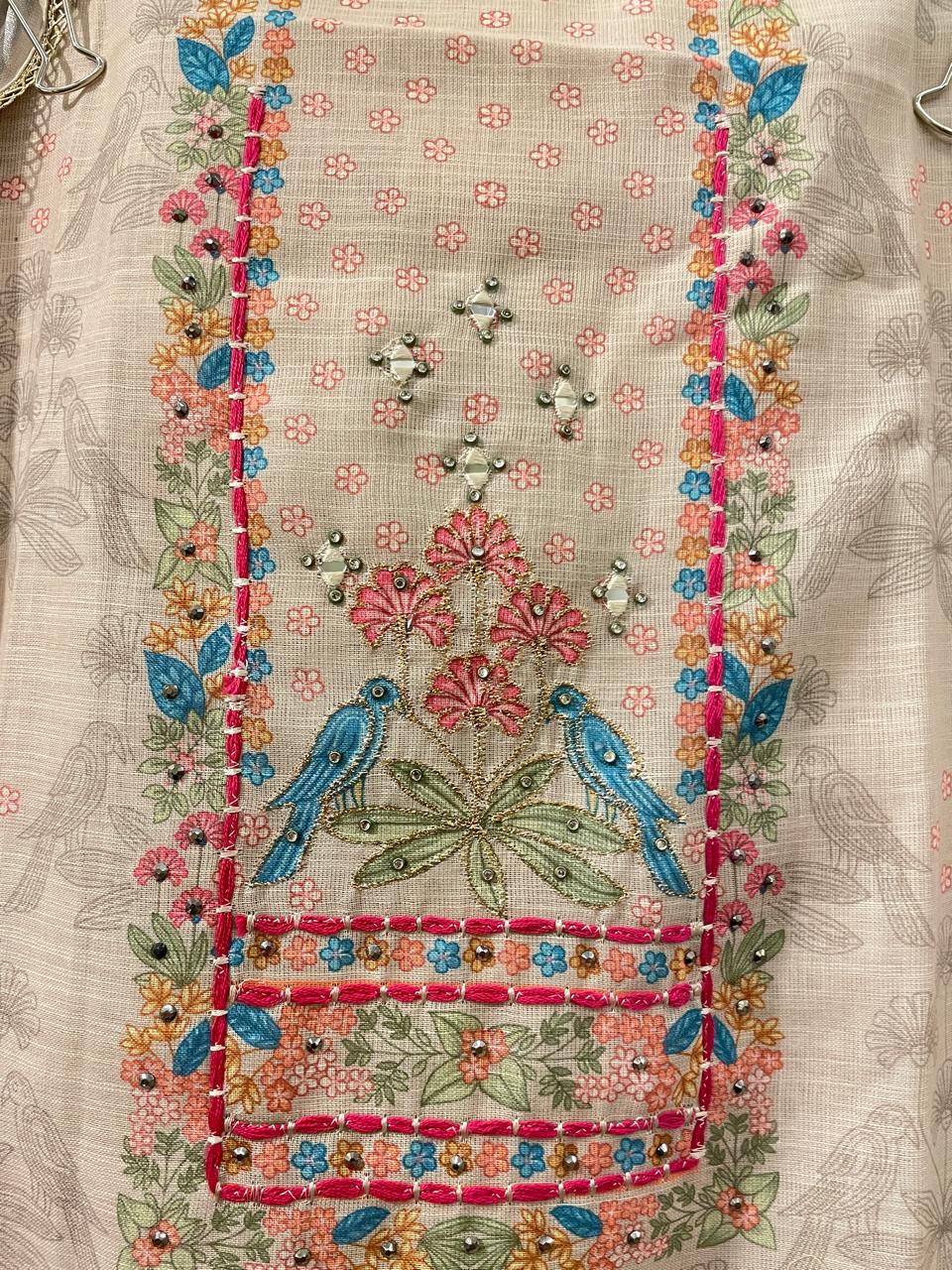 Ivory Floral & Peacock Embroidered Suit Set | Unstitched Suit fabric