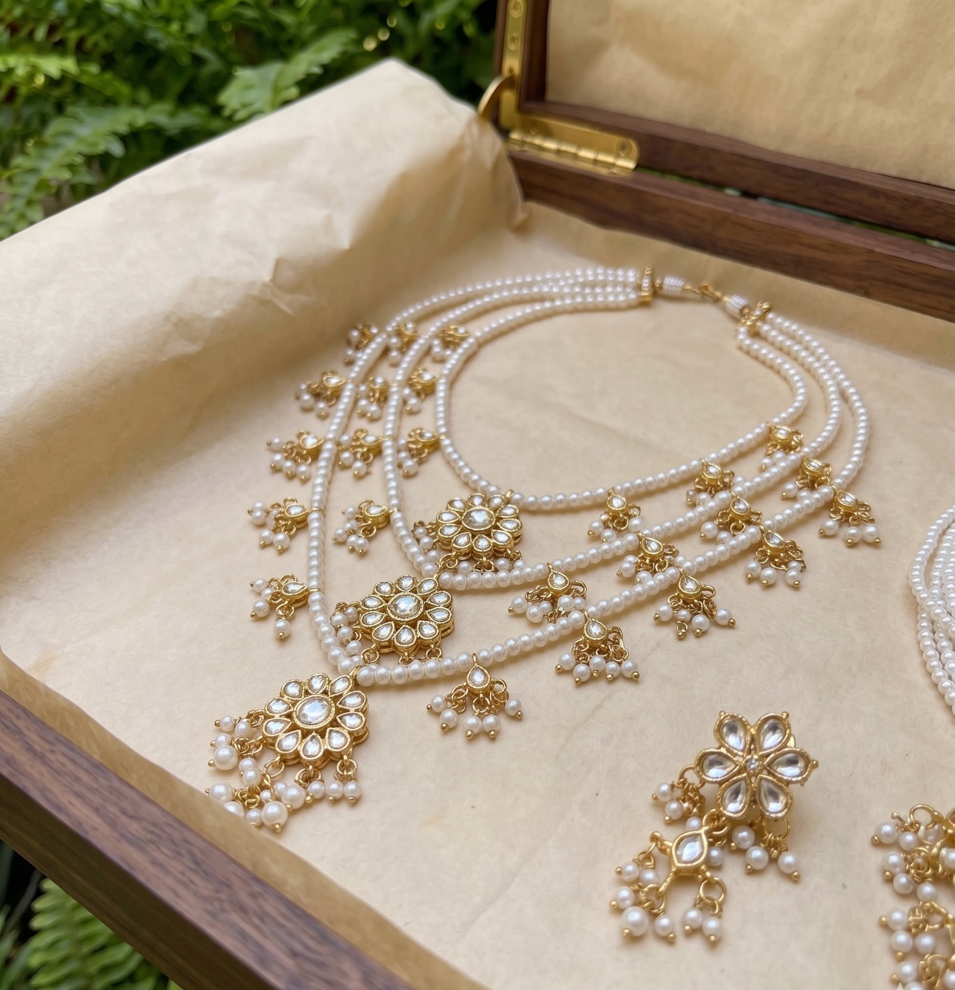 Chinnama Kundan Choker Necklace and Long Necklace Set with Multilayer Pearl Strands, Floral Earrings, Gold Tone Bridal Jewellery | Set of two (2) necklace sets