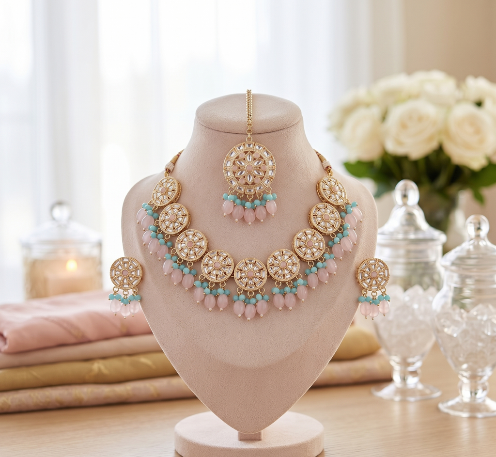 Maheshwari choker set | Gold-Toned Choker Necklace Set with Earrings and Maang Tikka, Pink and Blue Beads, Kundan Style