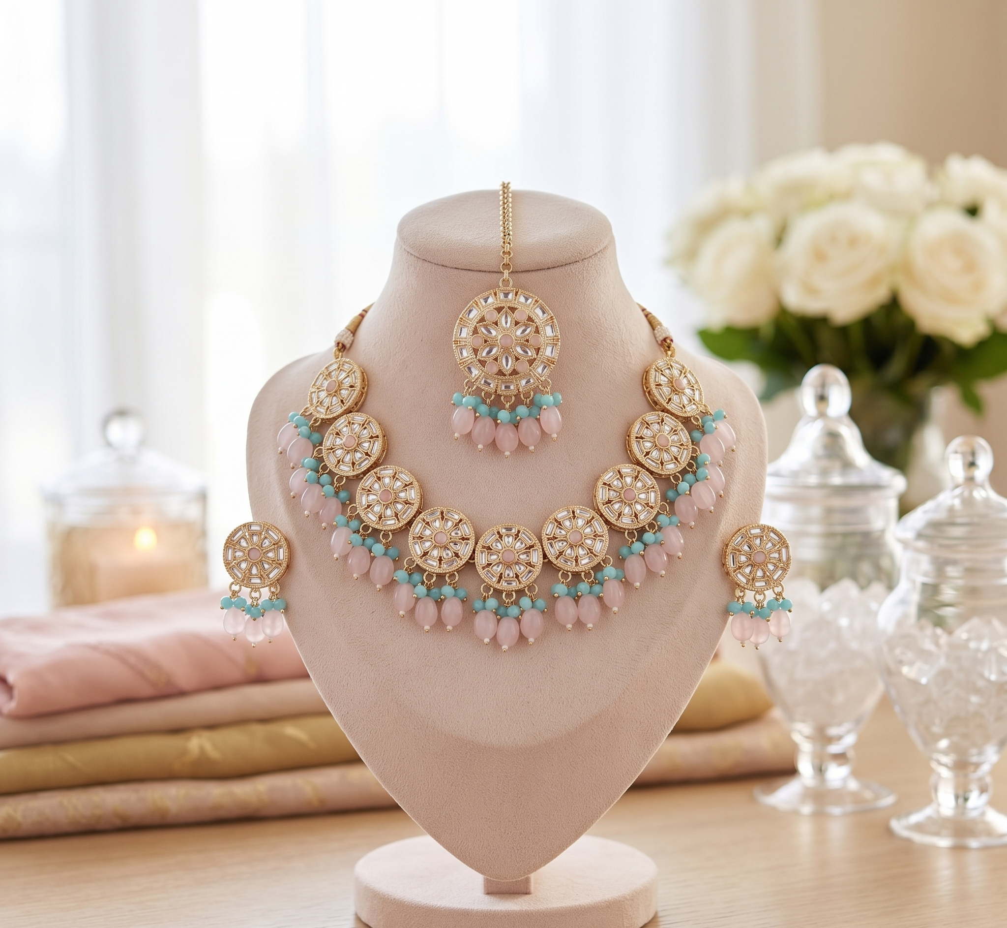 Maheshwari choker set | Gold-Toned Choker Necklace Set with Earrings and Maang Tikka, Pink and Blue Beads, Kundan Style