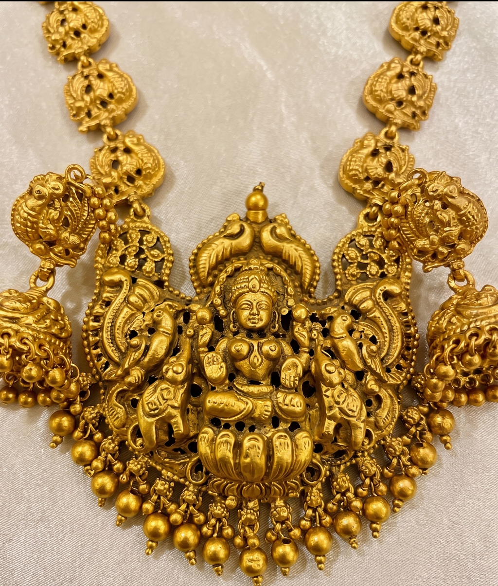 Siddheshwari long temple necklace set | Antique Golden Temple Jewellery Lakshmi Long Haram Necklace Set with Jhumka Earrings, Traditional Bridal