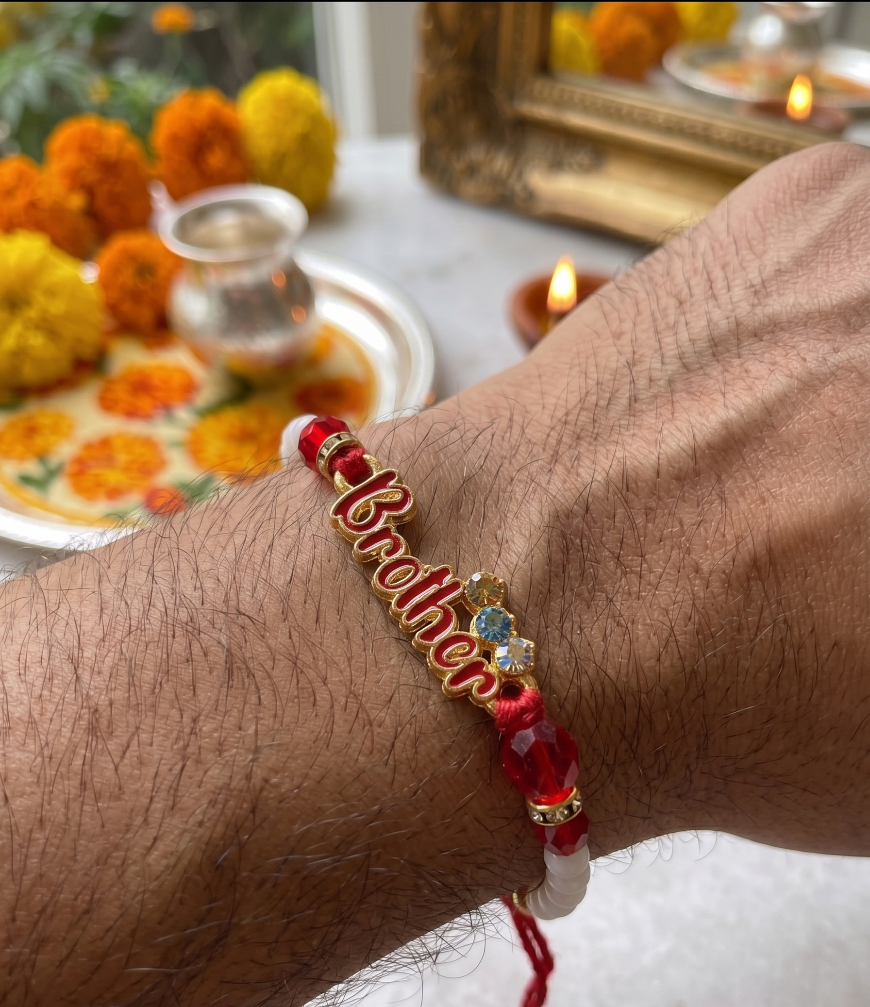 TNT -Design Handmade Red & White Beaded "Brother" Rakhi