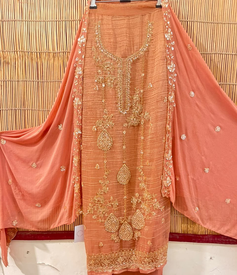 Peach Embroidered Designer Suit Set | Unstitched Suit Fabric | Raw Material