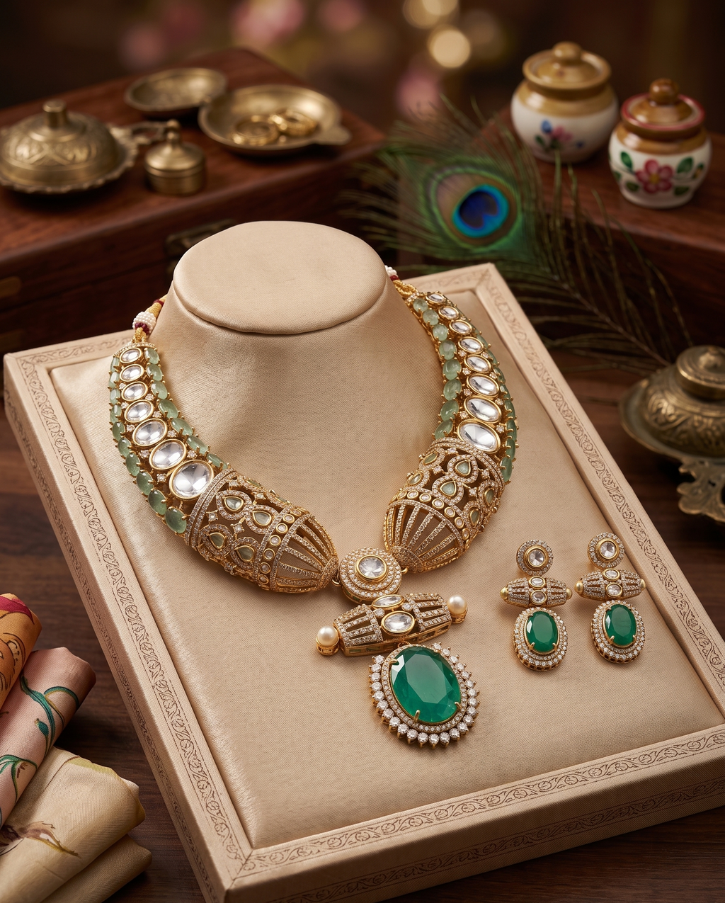 Karisma Kundan Necklace Set with Earrings, Green Stone, Gold-Toned, Bridal Indian Jewellery