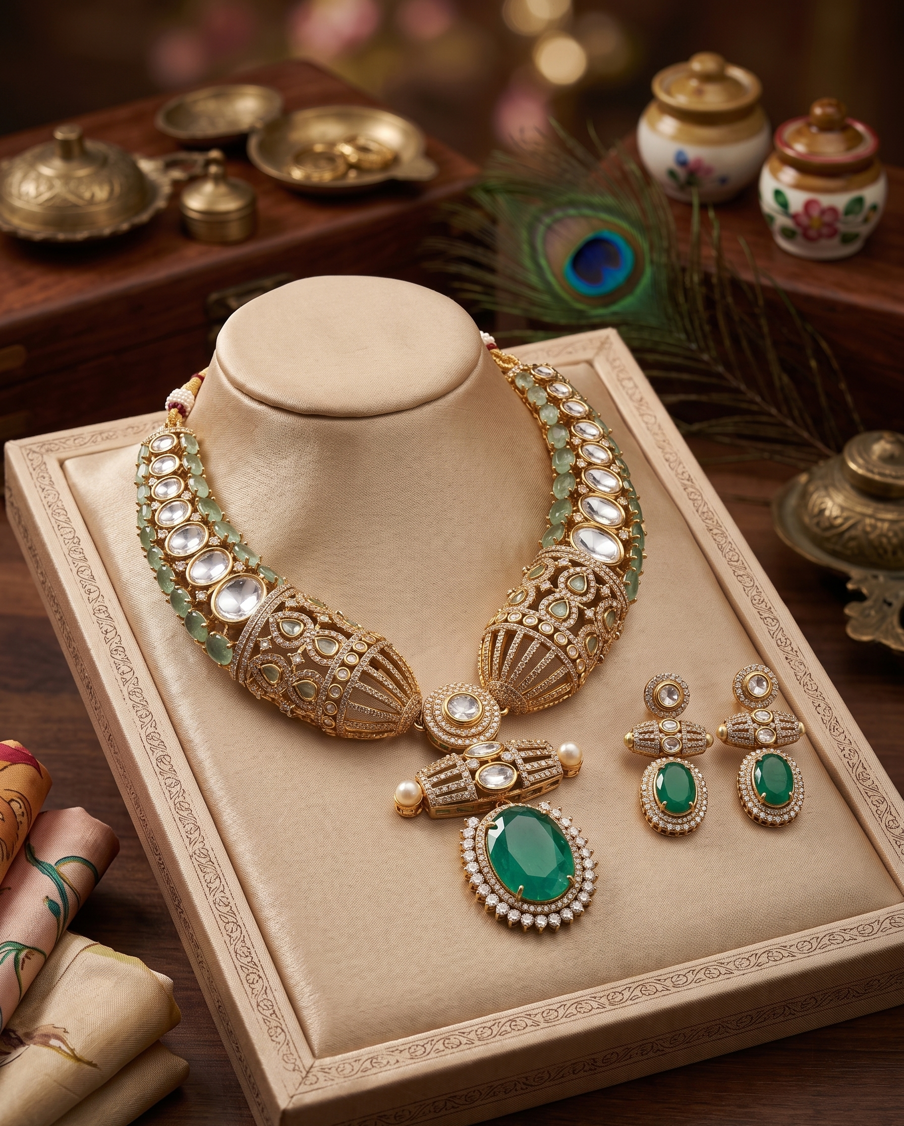 Karisma Kundan Necklace Set with Earrings, Green Stone, Gold-Toned, Bridal Indian Jewellery