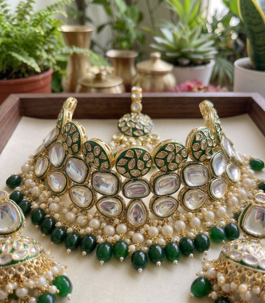 Ravina kundan semi bridal choker necklace set | Kundan Choker Necklace Set with Jhumka Earrings, Green and Gold, Pearl Beads, Bridal