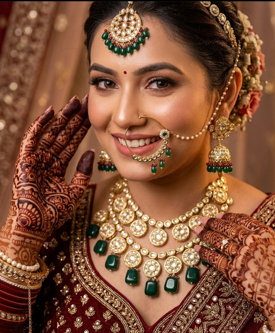Kalratri bridal necklace set | Kundan Bridal Necklace Set with Jhumka Earrings, Maang Tikka, Sheesh Patti and Nath