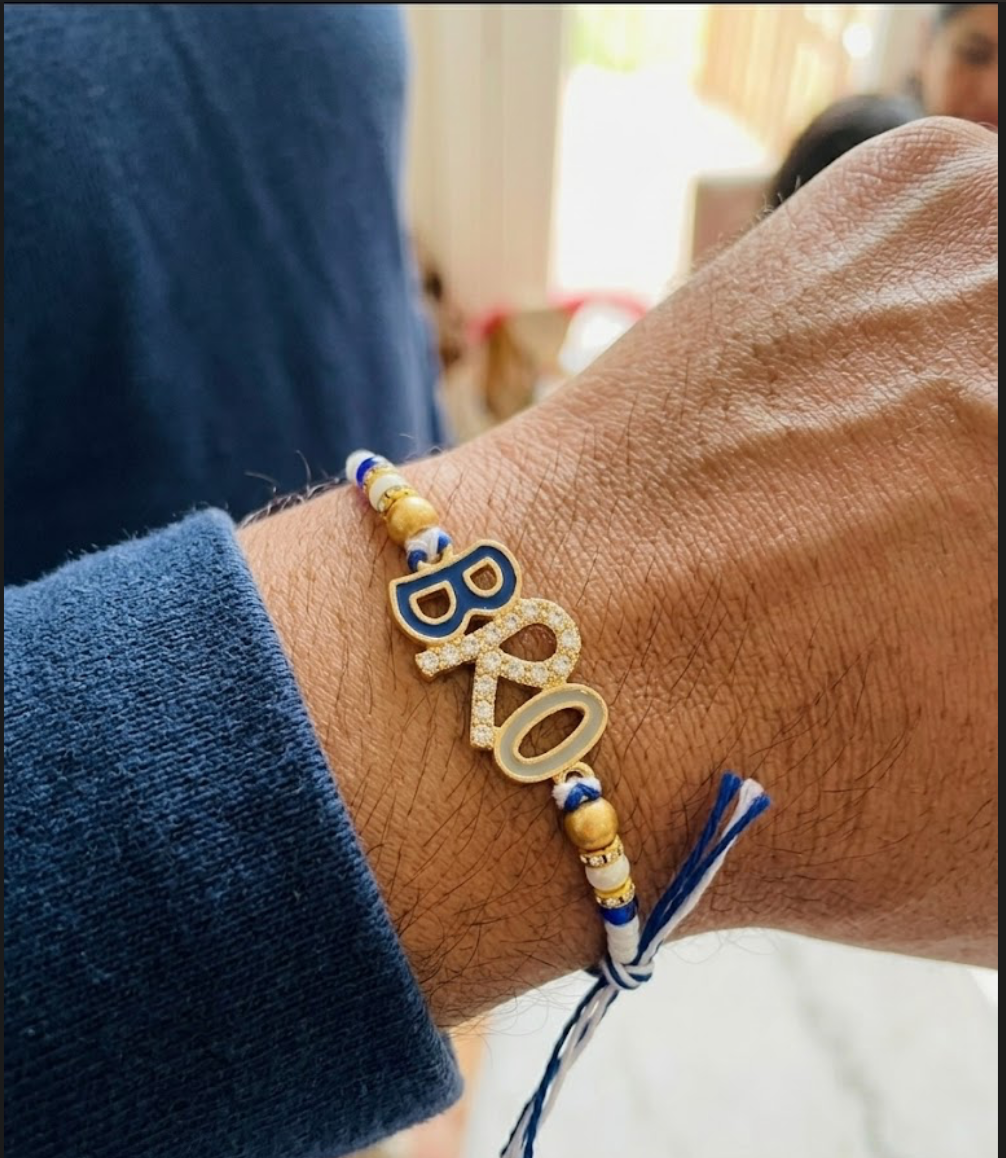 TNT Designs Stylish BRO Letter Rakhi for Brother | Navy Blue Gold Twisted Thread Rakhi with Bead Accents | BRO Design for Brother with Diamond Studded Letters