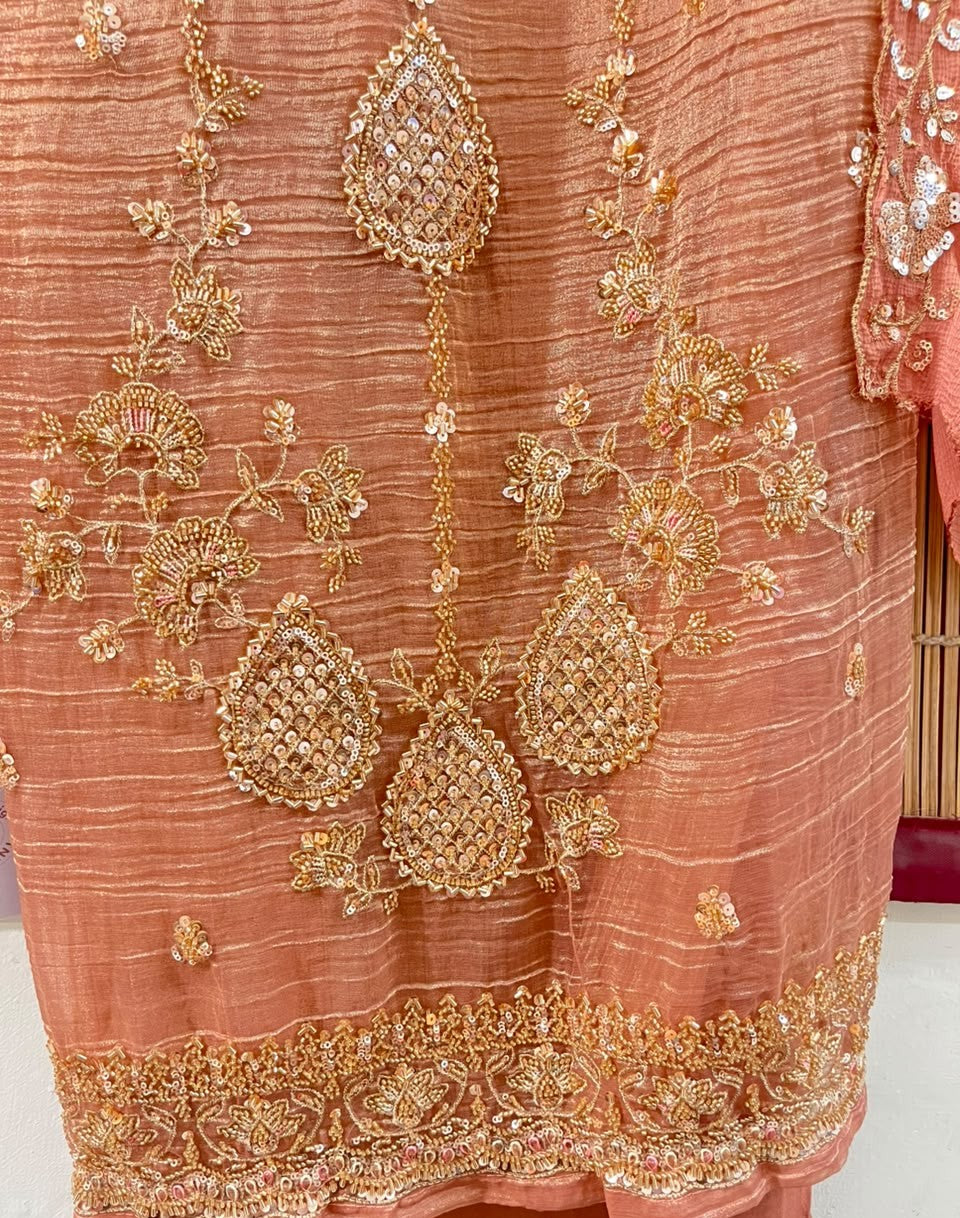 Peach Embroidered Designer Suit Set | Unstitched Suit Fabric | Raw Material