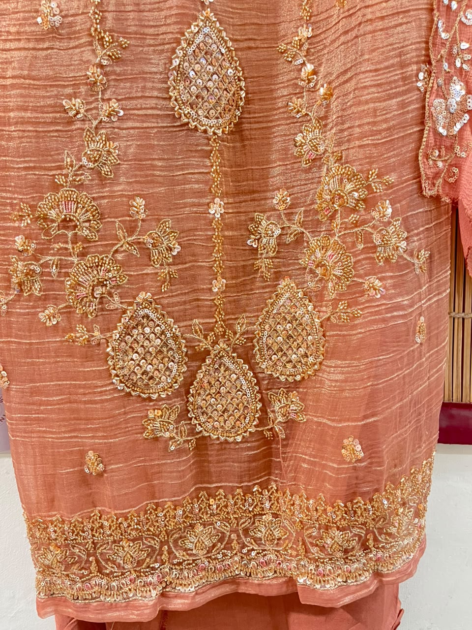 Peach Embroidered Designer Suit Set | Unstitched Suit Fabric | Raw Material