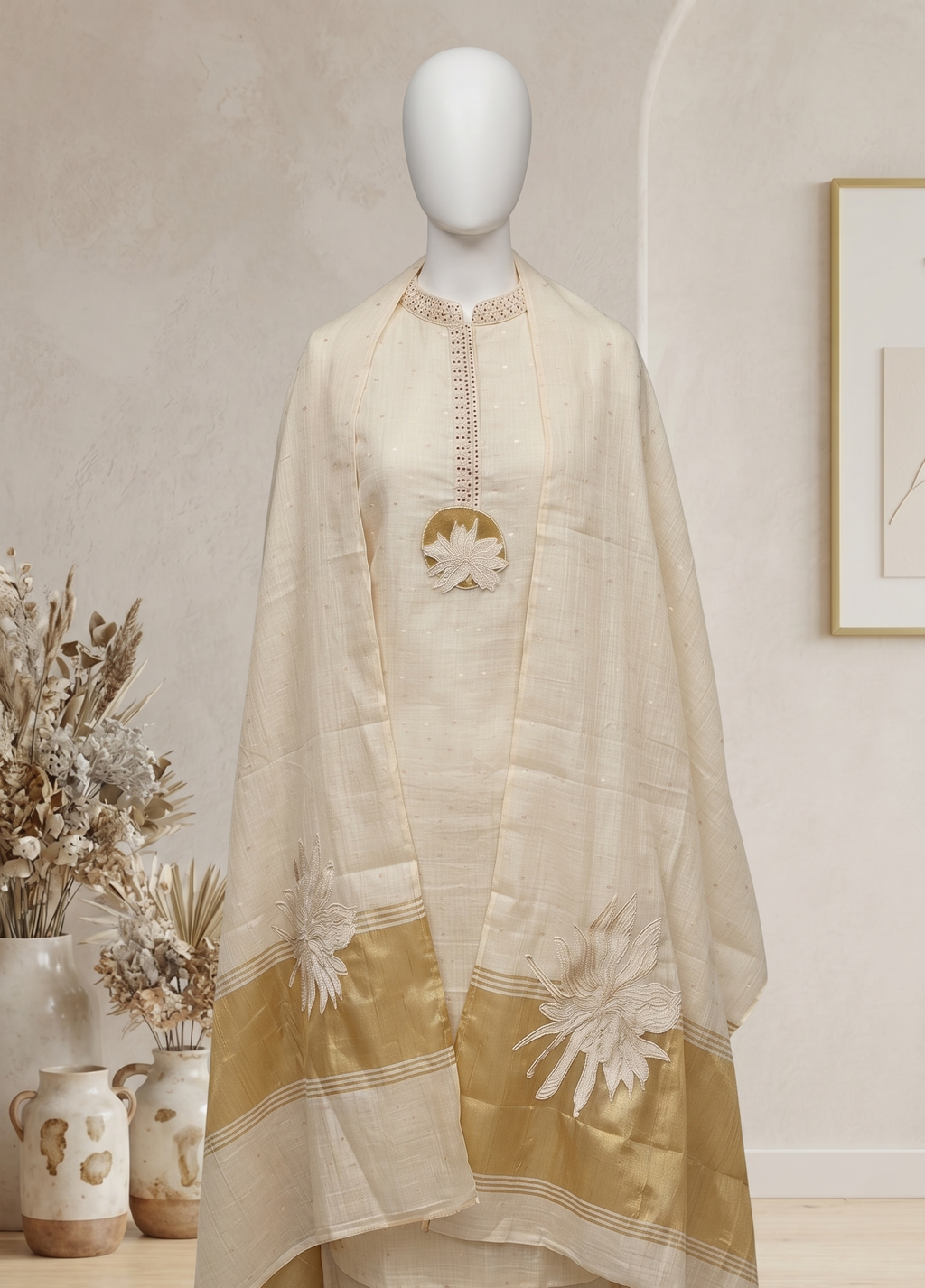 Beige and Golden Linen Suit Fabric with Dupatta