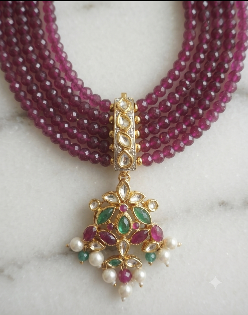 Kamya Royal Ruby Beaded Necklace Set with Kundan Pendant
