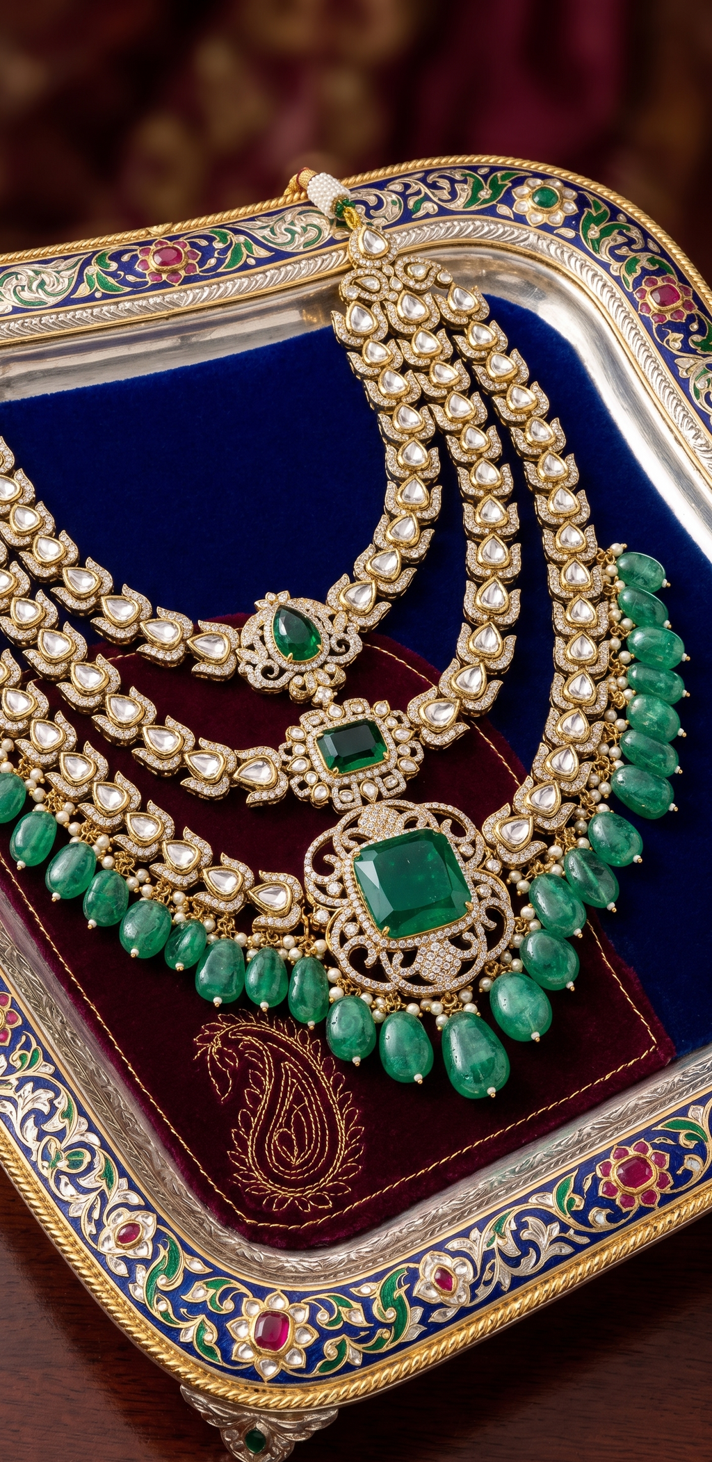 Royal Emerald Kundan Layered Groom Necklace | Sherwani Mala