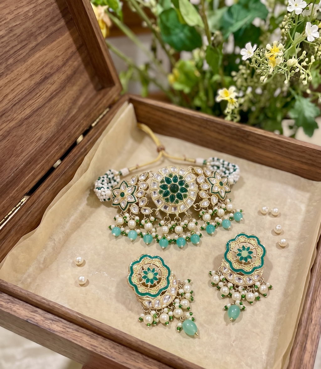 Siya Royal Kundan Choker Set | Kundan Choker Necklace Set with Earrings, Green and Gold, Pearl Beads, Floral Design, Traditional Indian Jewellery