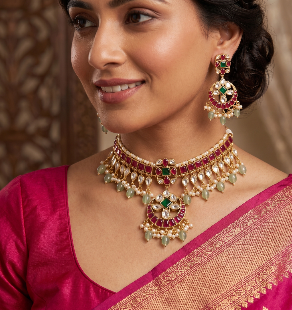 Chandrika kemp necklace set | Gold-Toned Kemp Kundan Necklace Set with Earrings, Red Green Stones, Pearl Drops, Bridal Jewellery