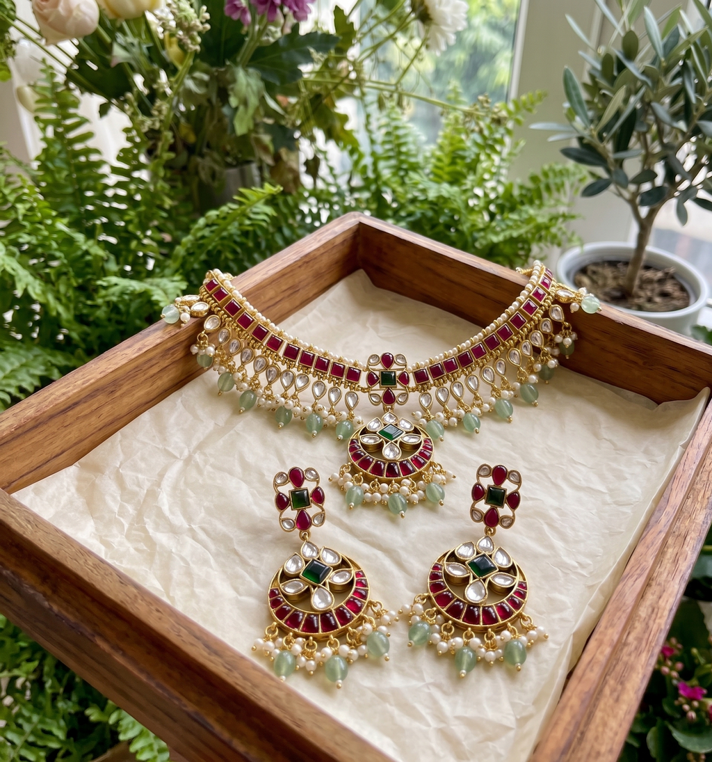 Chandrika kemp necklace set | Gold-Toned Kemp Kundan Necklace Set with Earrings, Red Green Stones, Pearl Drops, Bridal Jewellery