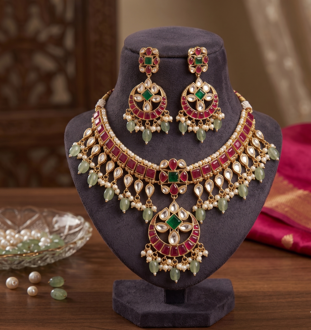 Chandrika kemp necklace set | Gold-Toned Kemp Kundan Necklace Set with Earrings, Red Green Stones, Pearl Drops, Bridal Jewellery