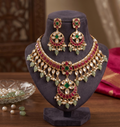 Chandrika kemp necklace set | Gold-Toned Kemp Kundan Necklace Set with Earrings, Red Green Stones, Pearl Drops, Bridal Jewellery